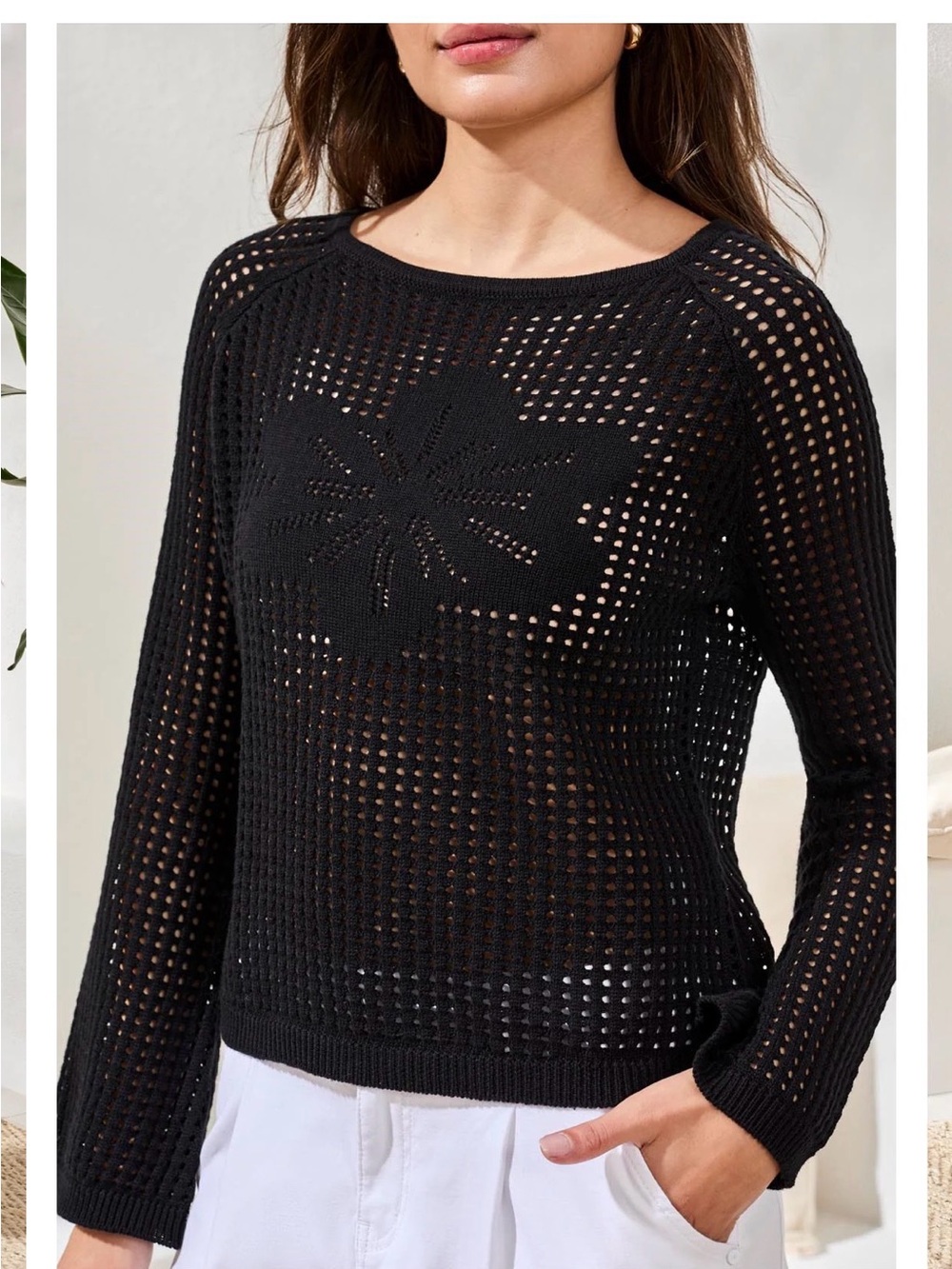 Tribal Black Open-Knit Scoop Neck Sweater